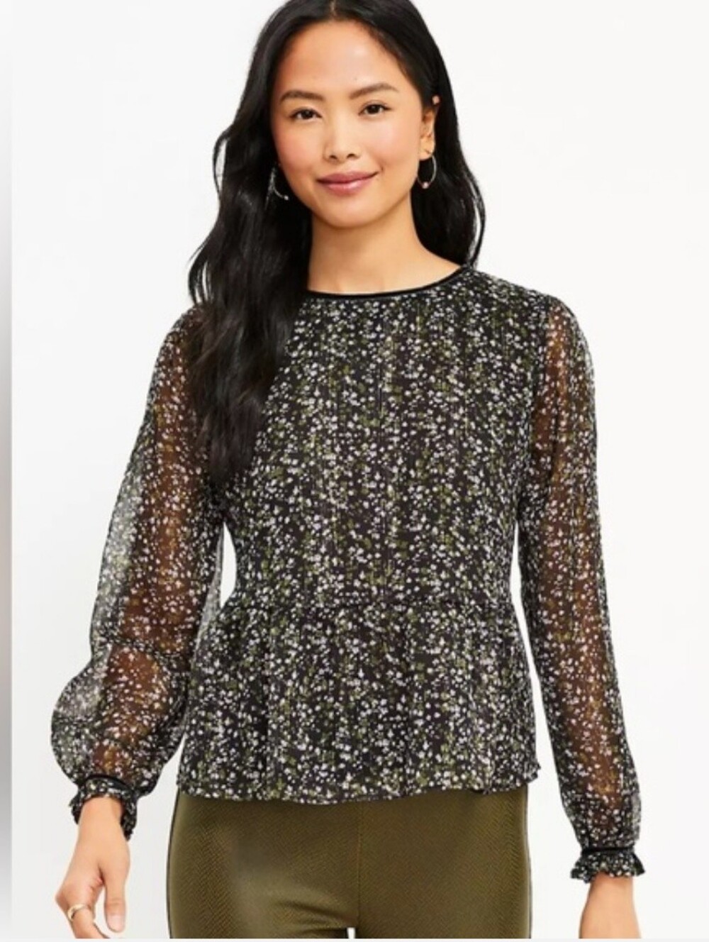 Loft Shimmer Velvet Trim Floral Peplum Blouse XL